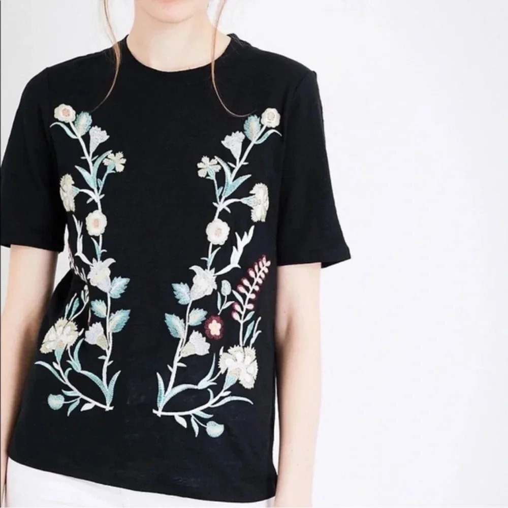Maje Womens Black Linen Trinite Floral Embroidered Short Sleeve Top 2